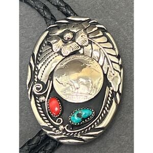 Vintage Western Bolo Tie Southwest SSI Silver Tone Turquoise Coral Leather Strap